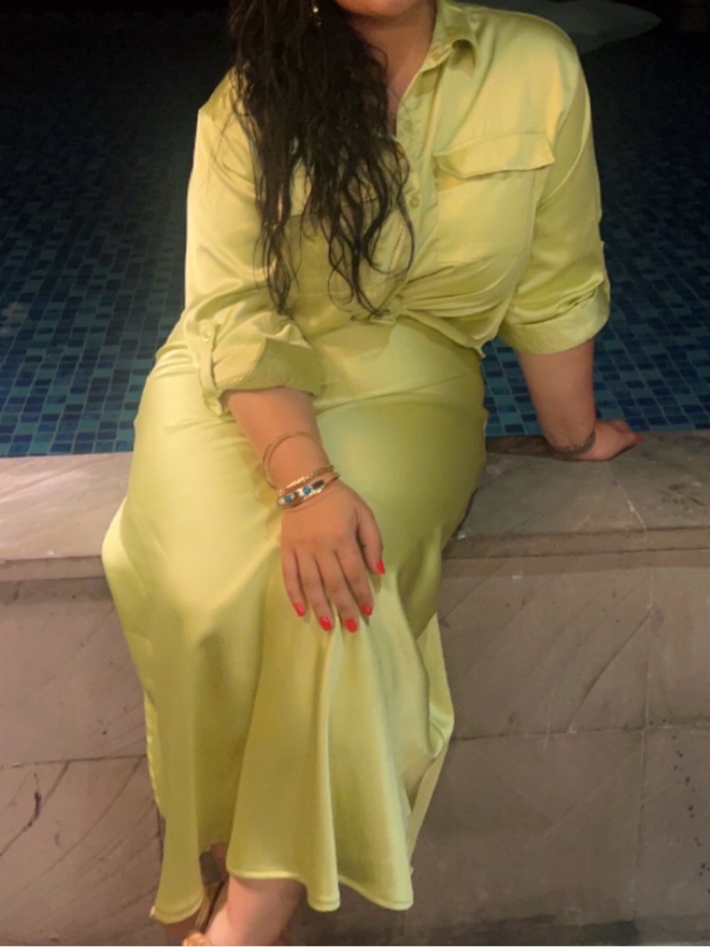 Lime Green Satin blouse and skirt 2pc - Women's Elegant Button-Down